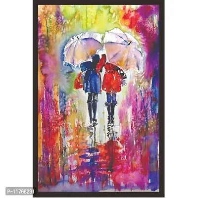 Mad Masters Love Couple Walking in Rain 1 Piece Wooden Framed Wall Art Painting for Home Decor