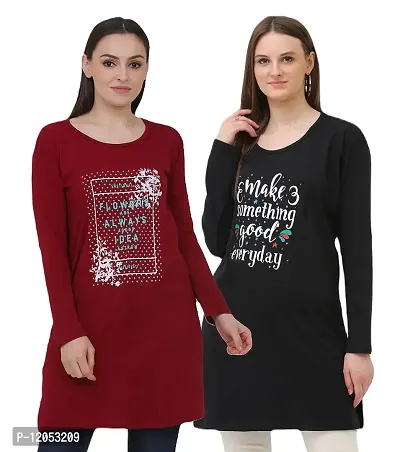 ILLUSTRIOUS Round Neck Full Sleeve Long T-Shirt, Pack of 2, Regular Fit, Daily Use Top n Tees for Women  Girls