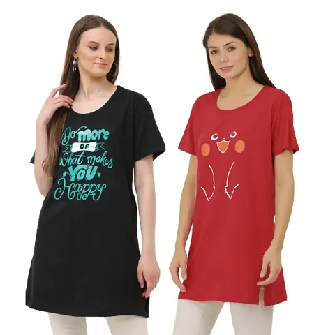 Stylish Women Round Neck Half Sleeve Long Combo T-shirt | Pack Of 2 