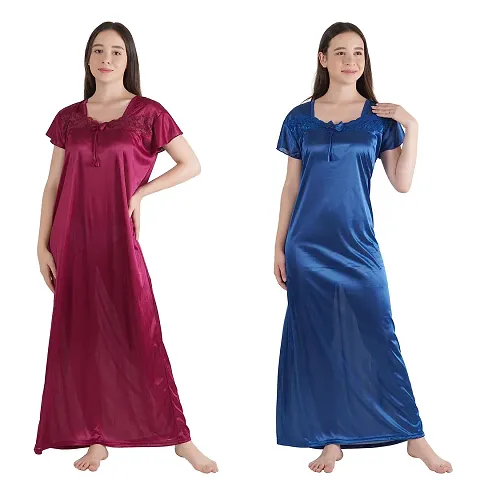 Trendy Kinri Satin Half Sleeves Women's Nightdress Nighty Pack of 2- SP1010