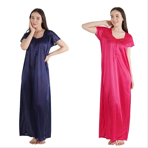 Urmit Trendy Satin Half Sleeves Women's Nightdress Nighty Pack of 2- SP1012