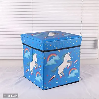 BuenoVida Stool for Living Room Storage stools for Sitting Adults, Small stools for Sitting,Foot stools Small, Storage Box for Toys of Kids - Foldable Stool (30 x 30 x 30 cm) Unicorn Blue-thumb0