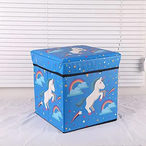 BuenoVida Stool for Living Room Storage stools for Sitting Adults, Small stools for Sitting,Foot stools Small, Storage Box for Toys of Kids - Foldable Stool (30 x 30 x 30 cm) Unicorn Blue