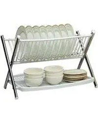 STORIA Dish Rack 2-Compartments Foldable Steel  Plastic- Perfect Plate Drainer Utensils  Dishes Drying Holder for Kitchen-thumb3