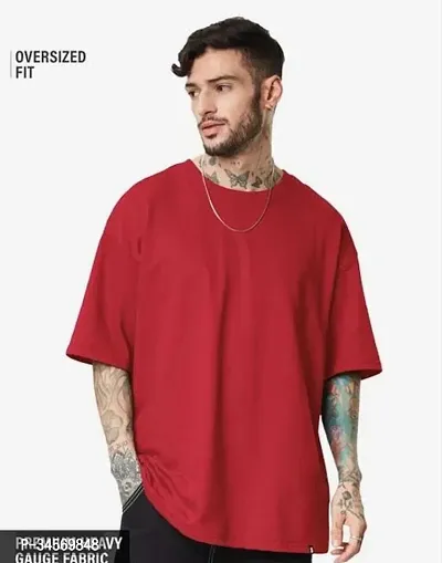 Stylish Red Cotton Blend Solid Round Neck Tees For Men-thumb0