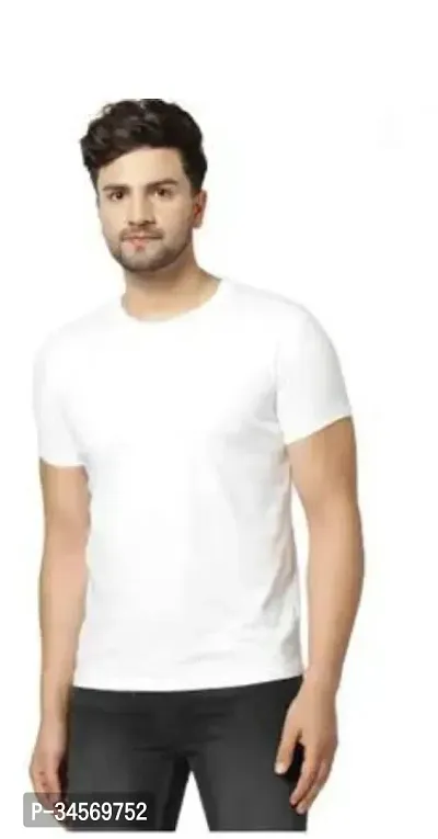 Stylish White Cotton Blend Solid Round Neck Tees For Men-thumb0