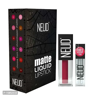 NEUD Matte Liquid Lipstick Peachy Pink with Jojoba Oil, Vitamin E and Almond Oil - Smudge Proof 12-hour Stay Formula with Free Lip Gloss - 1 Pack