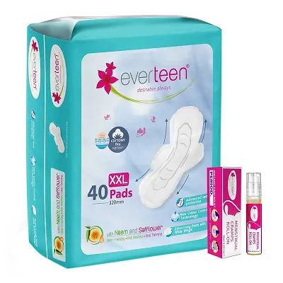 everteen combo 40 XXL Dry Neem Safflower Sanitary Pads with Free Menstrual Period Pain Relief Cramps Roll-On (10ml)