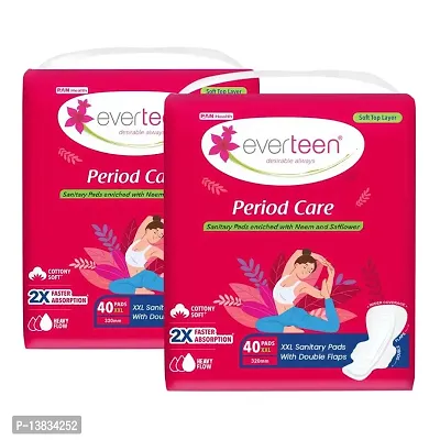 everteen Period Care XXL Soft with Double Flaps enriched with Neem and Safflower - 2 Packs (40 Pads Each, 320mm)