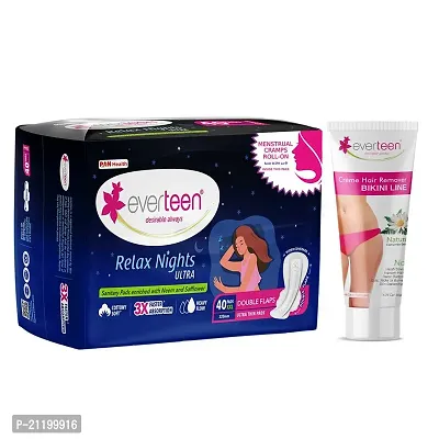 everteen Relax Nights Ultra 40 Pads and Natural Bikini Line Hair Remover Cream 50g