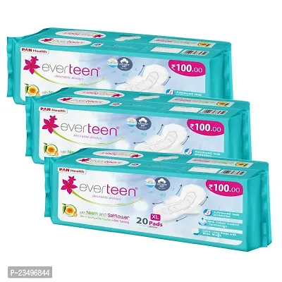 everteen XL Sanitary Pads with Neem  Safflower, Cottony-Dry Top Layer for Women- 3 Pack (60 Pads)