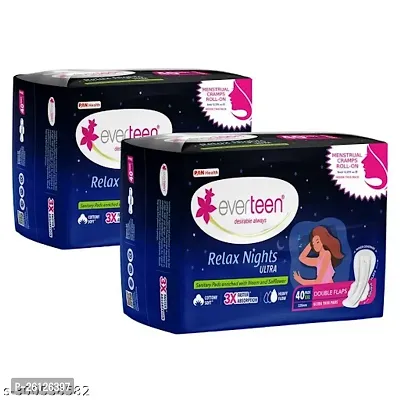 everteen XXL Relax Nights Ultra Thin 40 Sanitary Pads with Neem and Safflower, Menstrual Cramps Roll-On Inside Pack - 2 Packs (40 Pads Each, 320mm)