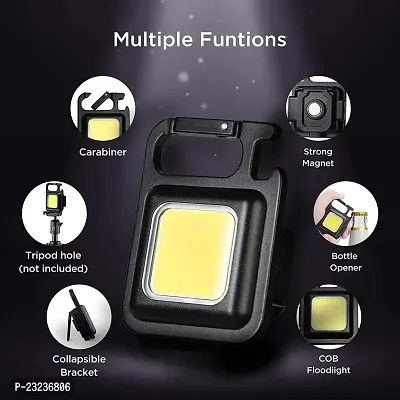 Keychain LED Light 2-Hours Battery Life with Bottle Opener, Magnetic Base and Folding Bracket Mini COB 500 Lumens Rechargeable Emergency Light (Square with 4 Modes, Aluminum)