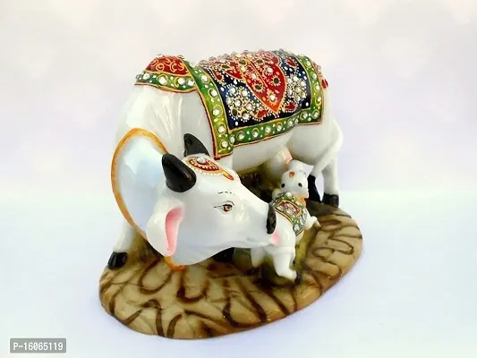 Mahi Home Decor Kamdhenu Cow with and Krishna Brass Like Metal Calf Showpiece for Home Decor and Decorative Gift Item Gold Big, 17cm-thumb3