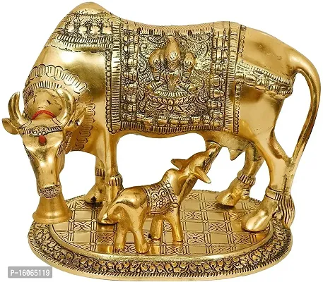 Mahi Home Decor Kamdhenu Cow with and Krishna Brass Like Metal Calf Showpiece for Home Decor and Decorative Gift Item Gold Big, 17cm