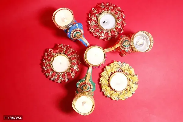 Mahi Home Decor Tea Light Candles Set | 3 Elepahnt Tea Lights + 3 Floral Diyas Beautiful Set | Home D?cor and Lighting for Diwali Decoration Staircase Wall Decoration Items Colorful Diyas