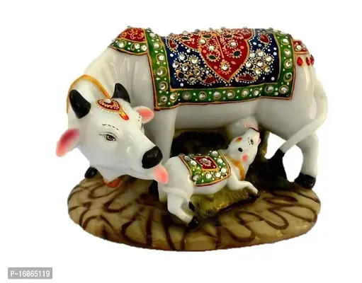 Mahi Home Decor Kamdhenu Cow with and Krishna Brass Like Metal Calf Showpiece for Home Decor and Decorative Gift Item Gold Big, 17cm-thumb2