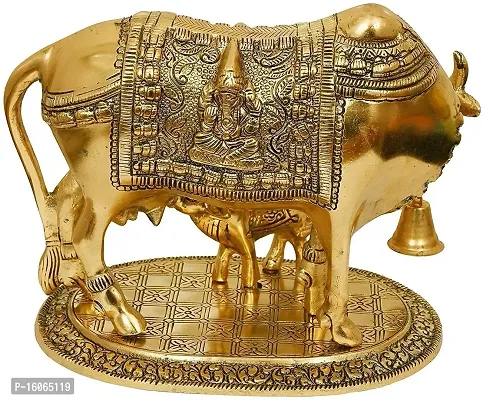 Mahi Home Decor Kamdhenu Cow with and Krishna Brass Like Metal Calf Showpiece for Home Decor and Decorative Gift Item Gold Big, 17cm-thumb4