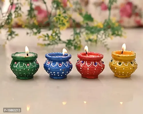 Mahi Home Decor Diwali Diyas|Traditional Handmade Terracotta Clay Diya|Mitti Deepak Decorate for Diwali|Diya for Puja|Diwali Home Decoration Diya (Set of 4) (Painted Matki Diya)-thumb0