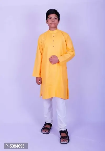 Elegant Yellow Cotton Blend Solid  Full Sleeves Kurta and Pyjama Set For Boys