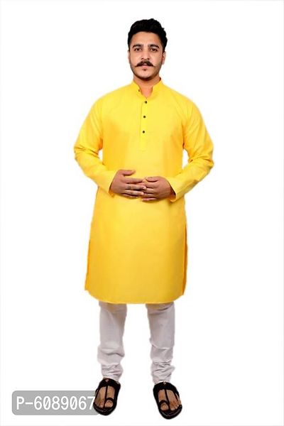 Men Kurta and Pyjama Set Cotton Blend (Yellow)-thumb0