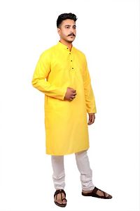 Men Kurta and Pyjama Set Cotton Blend (Yellow)-thumb2
