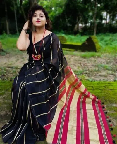 Handloom Cotton Silk Striped Sarees With Blouse Piece