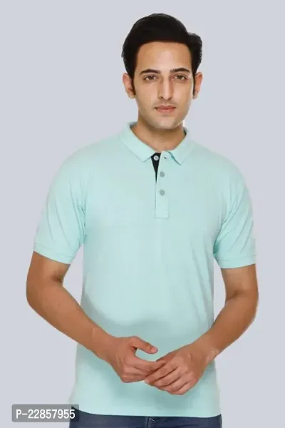 Reliable Blue Cotton Blend Solid Polos For Men-thumb0