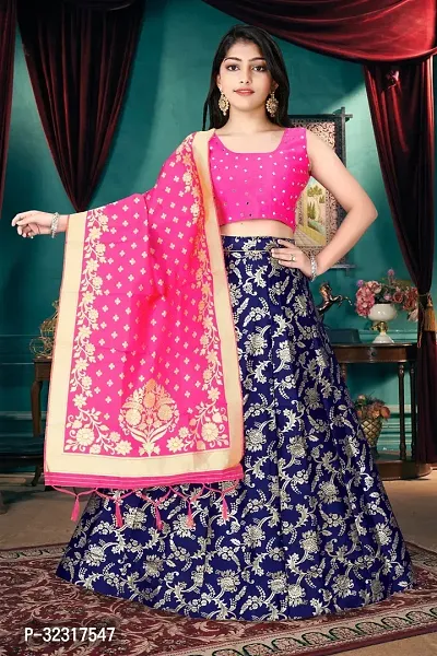 Alluring Blue Jaquard Embroidered Lehenga Cholis For Girls