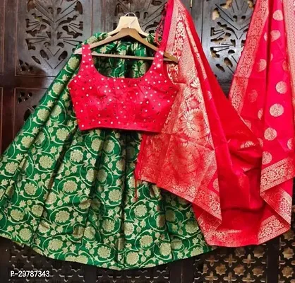 Girls Banarasi Art Silk Princess Lehenga Choli Set - Green-thumb0