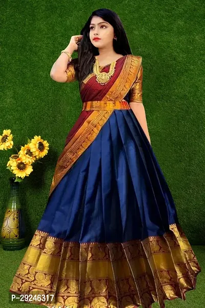 Girls South Indian Style Lehenga Choli Set - Blue-thumb0