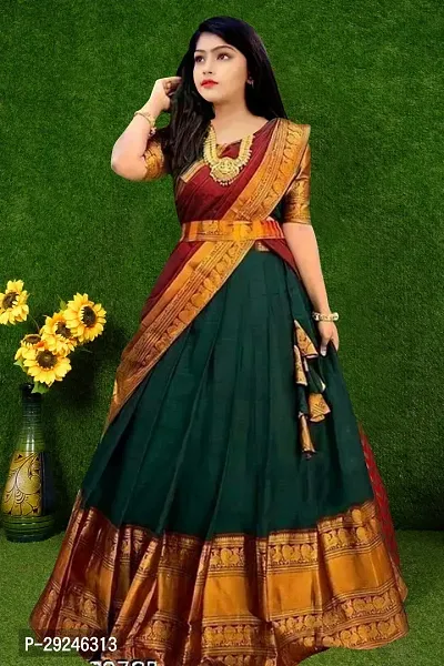 Girls South Indian Style Lehenga Choli Set - Green-thumb0