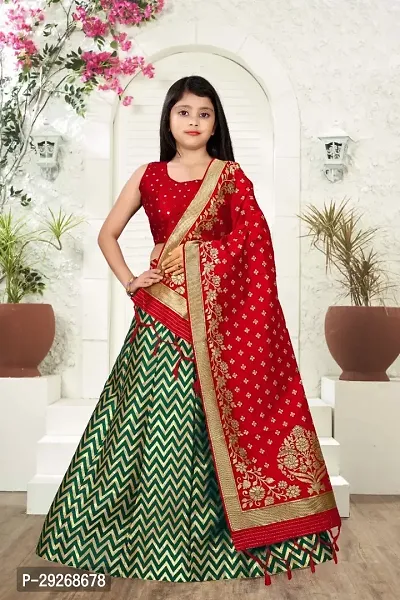 Girls Banarasi Art Silk Stylish Green Lehenga Choli Set-thumb0