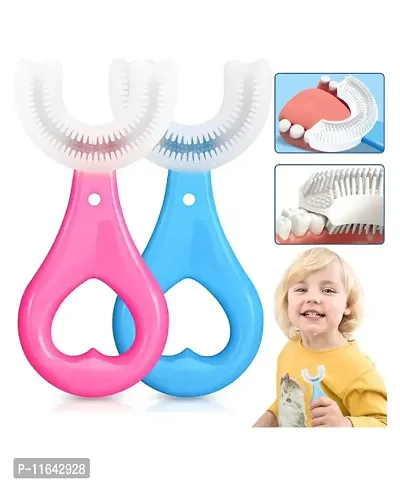 U Shaped Toothbrush for Kids Manual Whitening Toothbrush Silicone Brush Head for Kids Children Infant Toothbrush For 2-6 Years Mouth-Cleaning (Multicolor, Pack of 2)-thumb0