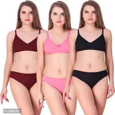 Stylish Multicoloured Solid Bra And Panty Set For Women Pack Of 3-thumb0