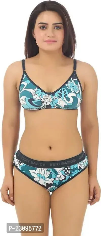 Stylish Green Printed Bra And Panty Set For Women-thumb0