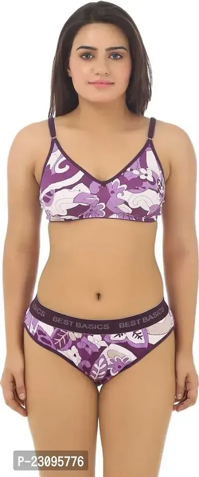 Stylish Purple Printed Bra And Panty Set For Women