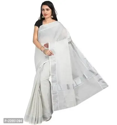 Kerala Cotton Silver Tissue Kasavu Saree with Running Blouse