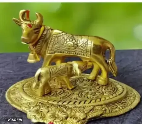 Metal Golden Kamdhenu Cow With Calf Statue Idol