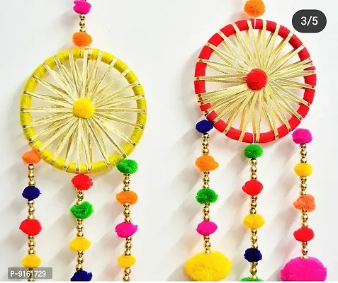 Beautiful Colourful Gota Pom Pom Dream Catchers Diwali Decoration Set Of 2-thumb0