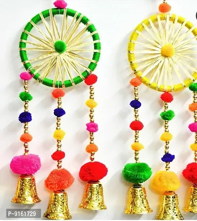 Beautiful Colourful Gota Pom Pom Dream Catchers Diwali Decoration Set Of 2-thumb2