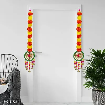 Artificial Marigold Flowers String With Decorative Bells Wall,Door Hanging For Home And Festival Decoration Pack Of 4-thumb0