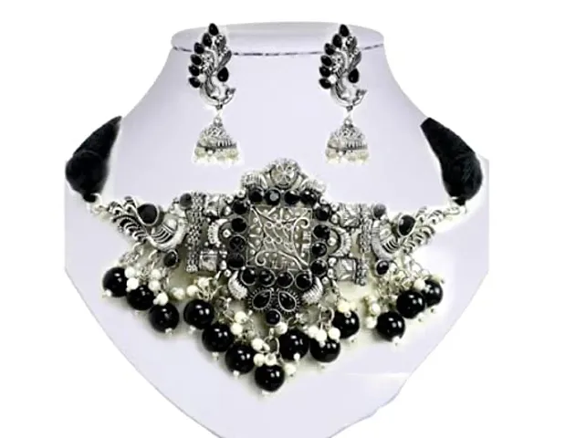SHREYA-FASHION-Silver Oxidized Black Peacock Choker Necklace Earring Set for women and girls'