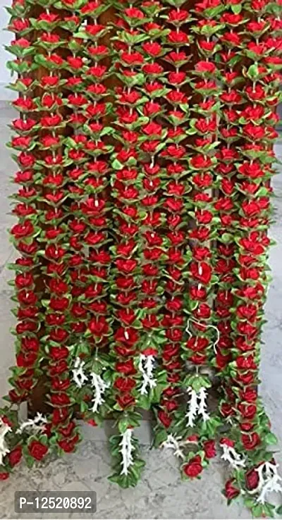 Pack of Two Artificial Red Roses (Gulab) with Green Leaf Base, 50 Plus Roses in Each String/ladi - 158 cm (5.3 ft), Garland for Decoration Festival Navratri, Diwali, Temple and Home Inauguration.