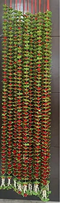Pack of Two Artificial Red Roses (Gulab) with Green Leaf Base, 50 Plus Roses in Each String/ladi - 158 cm (5.3 ft), Garland for Decoration Festival Navratri, Diwali, Temple and Home Inauguration.-thumb1