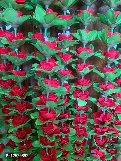 Pack of Two Artificial Red Roses (Gulab) with Green Leaf Base, 50 Plus Roses in Each String/ladi - 158 cm (5.3 ft), Garland for Decoration Festival Navratri, Diwali, Temple and Home Inauguration.-thumb3