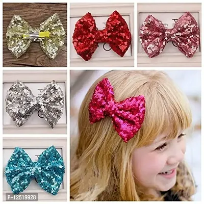 Bow shape Glitter Hair Clips for Girl Multi Color Sparkly sequins hair bows Alligator Clips for Baby Girls Teens Toodlers (pack of 5)-thumb0