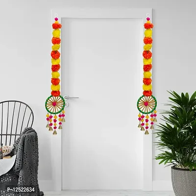SHREYA-FASHION - Artificial Marigold Flowers String with Decorative Bells, Wall/Door Hanging for Home/Wedding/Festival Decoration, Multicolor (Pack of 4)