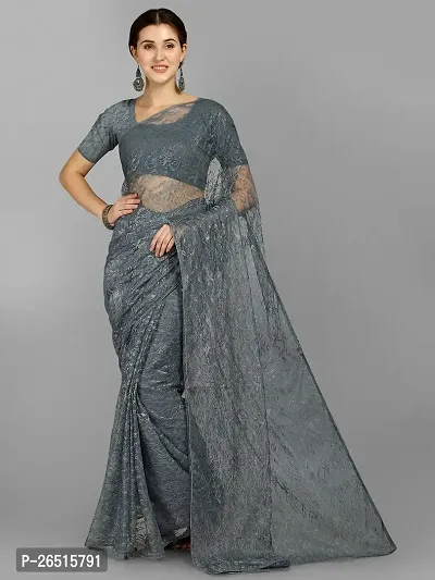 DHRUTI Creation Women's Net Jacquard Designer Saree (Aarya Grey)-thumb0