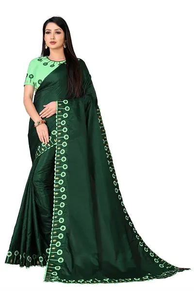 Harvilsan Women's Dola Silk Thread Embroidery and Diamond Work Saree in Border with Contrast Matching Heavy Blouse Piece